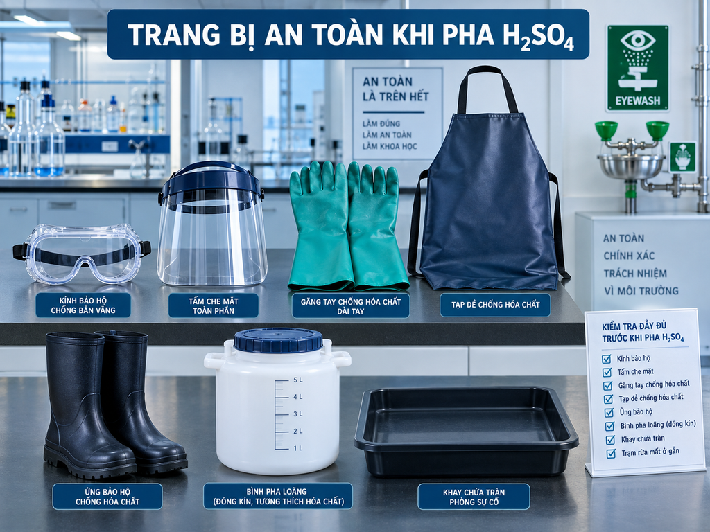 Người thực hiện cần sử dụng đầy đủ thiết bị bảo hộ phù hợp. Trang bị phải tương thích với nồng độ H₂SO₄ đang sử dụng.