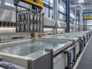 Giá treo chi tiết được nâng trên dây chuyền xử lý bề mặt để hạn chế kéo theo acid