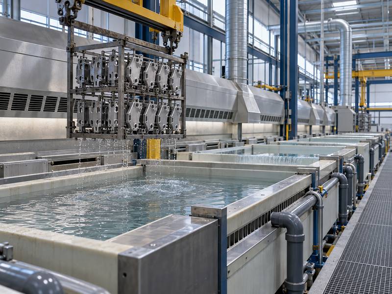 Giá treo chi tiết được nâng trên dây chuyền xử lý bề mặt để hạn chế kéo theo acid