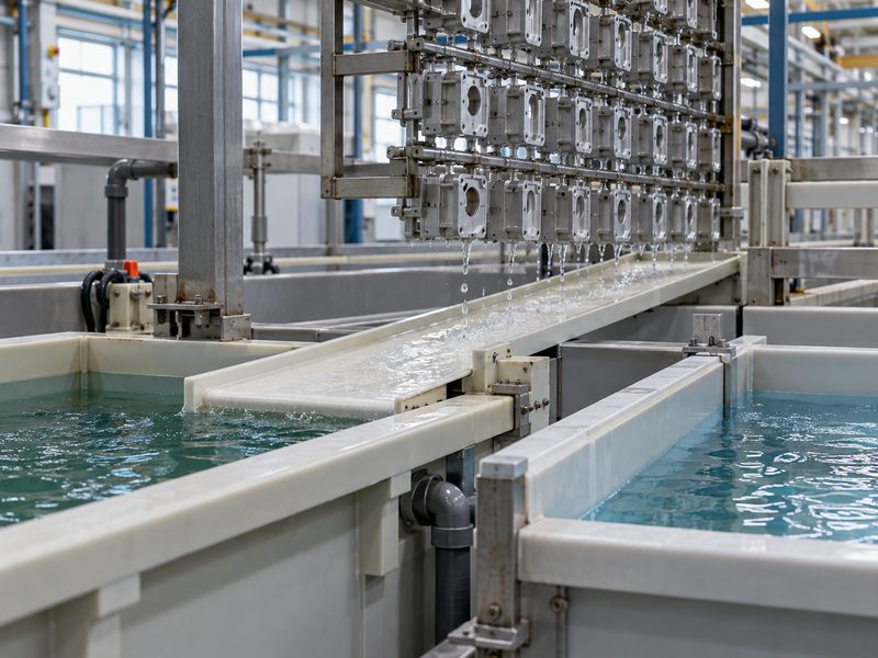Tấm hứng thu gom dung dịch nhỏ xuống khi chuyển giá treo giữa các bể. Thiết kế cần dẫn dung dịch về đúng bể công nghệ và sử dụng vật liệu tương thích.