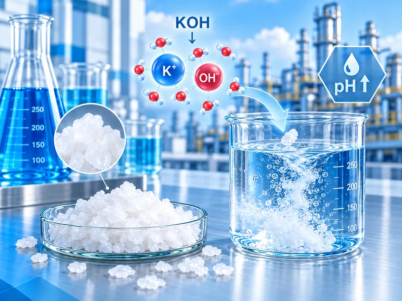 KOH hòa tan trong nước tạo ion K+ và OH- và tạo môi trường kiềm mạnh