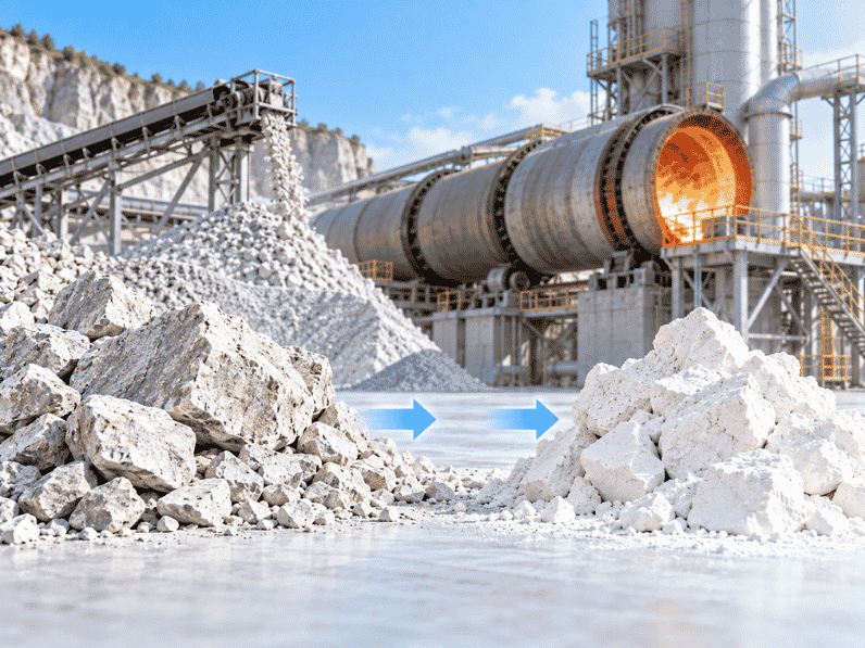 Đá vôi được nung ở nhiệt độ cao để tạo vôi sống và giải phóng CO2.